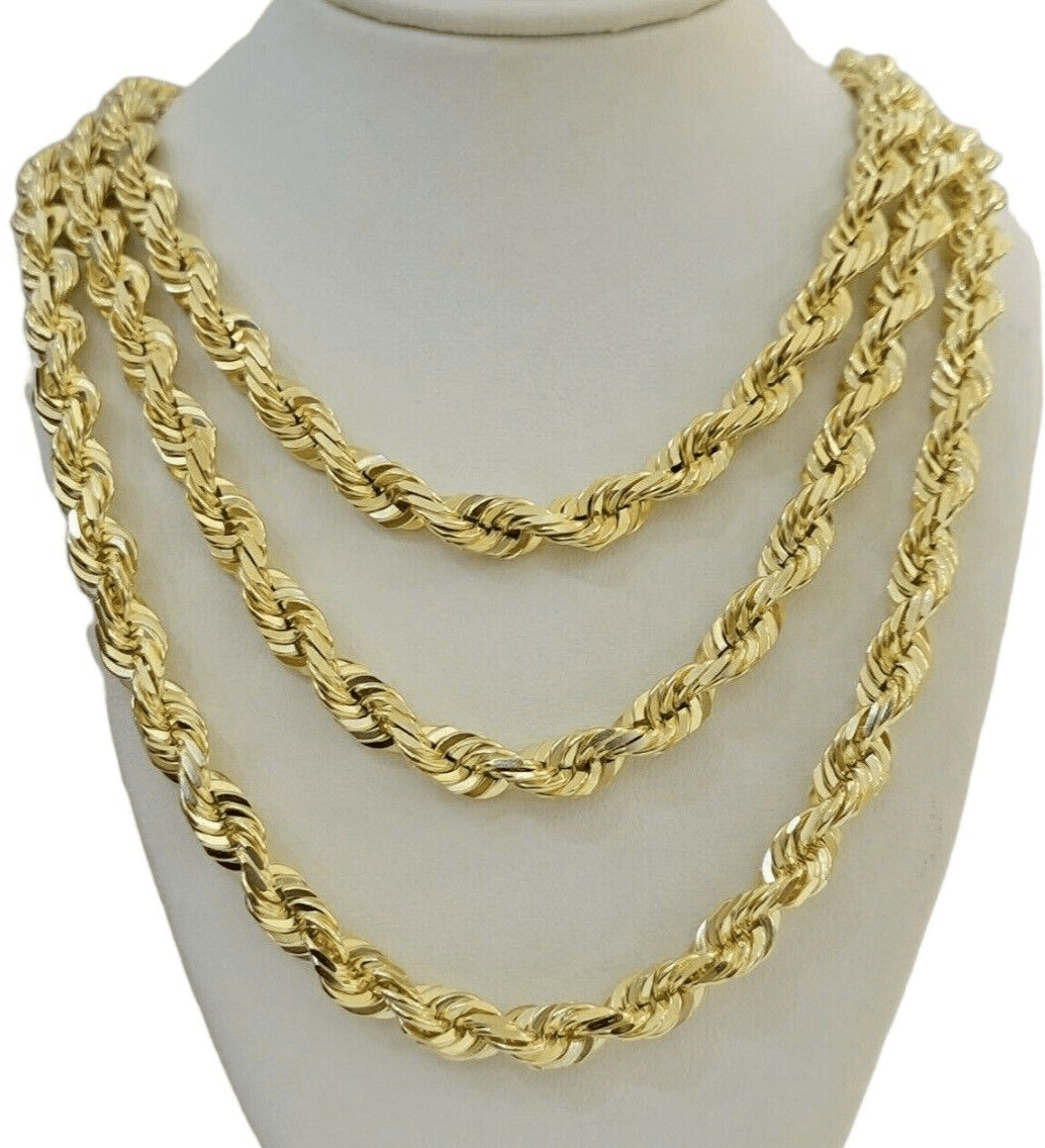 Real 14k Gold Rope chain Necklace 7mm Solid Link 14kt Yellow Gold Diamnd Cut 26" - GoldenlinQ